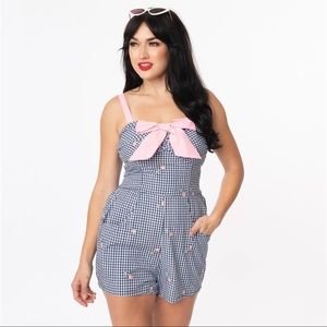 NWT Unique Vintage Rae Blue Gingham Romper with Embroidered Pink Roses and Bow
